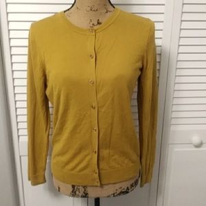 Ann Taylor LOFT Knitted Mustard Cardigan with Ribbed Collar & Hem